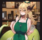  !? 1girl ahoge apron bangs blonde_hair blush breasts collarbone cup disposable_cup english_commentary eyebrows_visible_through_hair green_apron green_eyes green_ribbon hair_between_eyes hair_ribbon horns iced_latte_with_breast_milk_(meme) indoors lamia large_breasts long_hair looking_at_viewer marker meme monster_girl naked_apron original ponytail raised_eyebrow ribbon snek_(terupancake) solo starbucks sweatdrop terupancake twitter_username 