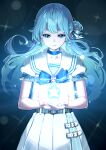  1girl absurdres belt blue_choker blue_eyes blue_hair blue_theme choker dress floating_hair highres hololive hoshimachi_suisei long_hair mikan_(chipstar182) parted_lips sailor_collar solo standing white_dress white_sailor_collar 