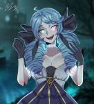  1girl ahoge bangs bare_tree black_bow blue_hair blurry blurry_background blush bow breasts cleavage collarbone dress drill_hair eyebrows_visible_through_hair gloves glowing glowing_eyes green_eyes grey_dress gwen_(league_of_legends) hair_bow hands_up highres large_breasts league_of_legends long_hair looking_at_viewer smile solo solyongminam symbol-only_commentary tree twin_drills 