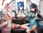  3girls :p ;d absurdres arknights ass bangs bare_legs bare_shoulders bead_bracelet beads binggong_asylum black_footwear black_gloves black_hair blue_dress blue_eyes blue_hair blue_skin blush bracelet breast_hold breasts closed_mouth colored_skin cup detached_collar dragon_girl dragon_horns dragon_tail dress dusk_(arknights) dusk_(everything_is_a_miracle)_(arknights) earrings elbow_gloves eyebrows_visible_through_hair gloves gradient_skin hair_between_eyes high_heels highres holding holding_cup horns impossible_clothes impossible_dress jewelry large_breasts leg_tattoo ling_(arknights) long_hair looking_at_viewer looking_back multicolored_hair multiple_girls neck_ribbon necktie nian_(arknights) nian_(unfettered_freedom)_(arknights) official_alternate_costume one_eye_closed parted_lips pelvic_curtain pointy_ears purple_eyes red_eyes red_hair red_ribbon red_skin ribbon shoe_dangle short_hair short_ponytail siblings sisters sitting sleeveless sleeveless_dress smile strapless streaked_hair tail tail_through_clothes tattoo tongue tongue_out very_long_hair white_dress wooden_table yellow_necktie 