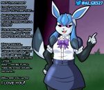 2022 al_gx anthro blue_body brainwashing clothed clothing dialogue eeveelution english_text female female_focus glaceon glowing glowing_eyes hi_res hypnosis infidelity maid_uniform male male/female mind_control nintendo offscreen_character pok&eacute;mon pok&eacute;mon_(species) seductive solo story story_in_description text trance uniform video_games 