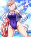  1girl absurdres blue_eyes blue_sky blue_swimsuit breasts cloud collarbone commentary_request competition_swimsuit covered_navel cowboy_shot day ghost_sweeper_mikami grin highres horizon innertube inuzuka_shiro jacket large_breasts letterman_jacket looking_at_viewer multicolored_clothes multicolored_hair multicolored_jacket ocean one-piece_swimsuit outdoors polka_dot_innertube red_hair sky smile solo swimsuit two-tone_hair two-tone_jacket white_hair zanntetu 