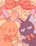  ._. :&lt; ;3 animal_focus arm_up blue_eyes blush bow bowtie cardcaptor_sakura closed_mouth cookie creature cropped expressionless food food-themed_background fruit hand_up holding holding_spoon jam_cookie kero looking_at_viewer monochrome_background muted_color no_humans one_eye_closed parted_lips red_bow red_bowtie red_ribbon reward_available ribbon rii_abrego signature slit_pupils smile spoon strawberry suppi sweets thumbprint_cookie upper_body waving waving_arm whipped_cream wings 
