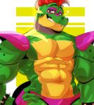  2022 abs alligator alligatorid animatronic anthro big_muscles bracelet claws clothing crocodilian eyebrows facial_markings fingerless_gloves five_nights_at_freddy&#039;s five_nights_at_freddy&#039;s:_security_breach gloves hand_on_hip handwear head_markings hi_res jewelry looking_at_viewer machine male markings mohawk montgomery_gator_(fnaf) muscular muscular_anthro muscular_male narrowed_eyes navel obliques pecs reptile robot scalie scottgames shoulder_pads shy_dy3 simple_background smile solo spiked_bracelet spikes standing teeth text thong underwear url video_games white_background yellow_background 