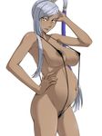  1girl areolae breasts code_geass dark_nipples dark_skin female hand_on_hip hips invide large_breasts long_hair nipples pregnant pubic_hair silver_hair sling_bikini solo standing swimsuit villetta_nu white_background yellow_eyes 