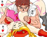  1boy 1girl aliasing armpits bangs beret blonde_hair blush boots breast_sucking breasts brown_hair cammy_white capcom erect_nipples eyes_closed facial_hair hat headband impossible_clothes impossible_leotard leotard lowres muscle nipples no_bra oekaki open_mouth ryu ryuu_(street_fighter) short_hair shoulders-down_crotch-up street_fighter street_fighter_alpha street_fighter_alpha_2 street_fighter_alpha_3 street_fighter_iv street_fighter_zero stubble sucking sweat twin_braids 