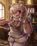  1girl :d alpaca_ears alpaca_suri_(kemono_friends) alpaca_tail animal_ears bangs blonde_hair blurry blurry_background bodystocking breast_pocket coffee_pot commentary_request cup day drink eyebrows_visible_through_hair fur-trimmed_sleeves fur_scarf fur_trim hair_bun hair_over_one_eye hands_up highres holding holding_pot holding_tray indoors kemono_friends light long_sleeves looking_at_viewer medium_hair neck_ribbon open_mouth pocket purple_eyes ribbon scarf shiitake_fuumi shorts smile solo standing sweater_vest tail tongue tray upper_body window 