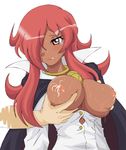  blouse blush breast_grab breasts brooch cape dark_skin grabbing hair_over_one_eye jewelry kirche_augusta_frederica_von_anhalt_zerbst lactation large_breasts long_hair open_clothes open_shirt red_hair shirt simple_background sweat tears usami_usa_g zero_no_tsukaima 