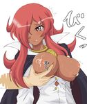  blouse blush breast_grab breasts brooch cape dark_skin grabbing hair_over_one_eye jewelry kirche_augusta_frederica_von_anhalt_zerbst lactation large_breasts long_hair open_clothes open_shirt red_hair shirt simple_background sweat tears usami_usa_g zero_no_tsukaima 