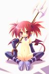  censored disgaea elbow_gloves etna flat_chest gloves latex latex_gloves nude polearm pussy red_eyes red_hair sitting spear spread_legs thighhighs tongue trident weapon 