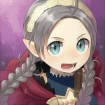  1girl ahoge bangs blue_eyes braid capelet choker fangs fire_emblem fire_emblem_fates hood hooded_capelet long_hair looking_at_viewer lowres nina_(fire_emblem) open_mouth silver_hair tefutene turtleneck twin_braids 