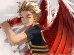  1boy blonde_hair bodysuit boku_no_hero_academia costume facial_hair facial_mark feathered_wings from_side goatee grin half-closed_eyes hawks_(boku_no_hero_academia) holding holding_sword holding_weapon long_bangs looking_back male_focus muscular muscular_male pectorals red_feathers red_wings short_hair sidepec skin_tight smile solo sword tonbanlove twitter_username unconventional_weapon upper_body weapon wings yellow_eyes 