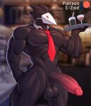  2022 abs anthro artist_name avian balls beverage big_balls big_muscles big_penis blurred_background container cup deltarune drinking_glass e-zoid erection genitals glass glass_container glass_cup hi_res holding_object holding_plate huge_muscles huge_penis humanoid_genitalia humanoid_penis inside male mask muscular muscular_anthro muscular_male narrowed_eyes necktie nude obliques patreon pecs penis plate signature solo standing straw swatchling thick_penis tuft undertale_(series) vein video_games wine_glass 