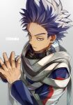  1boy bags_under_eyes bangs boku_no_hero_academia from_above from_side gym_uniform hands_up highres male_focus mask mask_around_neck messy_hair mouth_mask own_hands_together purple_eyes purple_hair scarf shinsou_hitoshi short_hair sideburns simple_background solo spiked_hair steepled_fingers strap tonbanlove twitter_username u.a._gym_uniform upper_body v_arms 