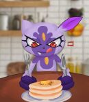 ambiguous_gender anthro butter cutlery dairy_products food fork hisuian_sneasel kitchen kitchen_utensils knife licking licking_lips pancake purple_body red_eyes solo tongue tongue_out tools unknown_artist 