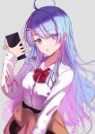  1girl ahoge alternate_costume azur_lane beige_cardigan black_skirt breasts cardigan cardigan_around_waist cellphone clothes_around_waist eyebrows_visible_through_hair grey_background helena_(azur_lane) highres holding holding_phone looking_at_viewer medium_breasts multicolored_hair phone purple_eyes purple_hair red_neckwear school_uniform schreibe_shura shirt simple_background skirt smartphone solo two-tone_hair white_shirt 