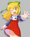  1girl blonde_hair dress green_eyes green_ribbon hair_ribbon ki_(adotadot) long_hair mega_man_(classic) mega_man_(series) one_eye_closed open_mouth panties ponytail red_dress red_skirt ribbon roll_(mega_man) simple_background skirt smile solo underwear 