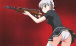  1girl absurdres aiming ass black_dress braid breasts brown_eyes crotch_seam day dress french_braid frills gun highres holding holding_gun holding_weapon medium_breasts official_art panties red_background rifle silver_hair solo stratos_4 tachibana_mirei thighhighs underwear v-shaped_eyebrows weapon white_legwear white_panties wind wind_lift yamauchi_noriyasu 