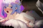  1boy 1girl absurdres alternate_eye_color amane_kanata bangs blue_hair blush commentary_request condom eyebrows_visible_through_hair halo hetero highres hololive lying male_pubic_hair multicolored_hair nose_blush nude on_bed on_stomach open_mouth prone_bone pubic_hair purple_hair saliva sex sex_from_behind so_dasui1 star_halo stray_pubic_hair tearing_up teeth textless upper_teeth used_condom virtual_youtuber 