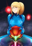  1girl bangs blonde_hair blue_bodysuit blue_eyes blush bodysuit breasts censored claws clenched_teeth commentary covered_nipples dark_background drooling e.m.m.i._(metroid) eyebrows_visible_through_hair furrowed_brow glowing glowing_eye glowing_headgear hair_between_eyes headwear_removed helmet helmet_removed highres holding holding_helmet lips lipstick long_hair makeup medium_breasts metroid metroid_dread mole mole_under_mouth mosaic_censoring motion_lines object_insertion ponytail pussy pussy_juice red_lips robot rolling_eyes saliva samus_aran sawasa sex_machine sidelocks signature skin_tight solo_focus spread_legs sweatdrop swept_bangs teeth thick_thighs thighs torn_bodysuit torn_clothes vaginal vaginal_object_insertion zero_suit 