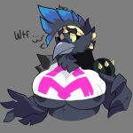  angrupan anthro avian big_breasts bird brawlhalla breasts bust_portrait confusion corvid corvus_(genus) female huge_breasts munin_(brawlhalla) nipple_outline oscine passerine portrait raven solo under_boob 