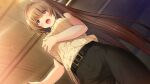  1girl bangs belt belt_buckle black_belt black_pants breasts brown_hair buckle cowboy_shot eyebrows_visible_through_hair from_below game_cg hair_intakes hibikino-san-chi_wa_eroge-ya-san! hibikino_tsumugi highres indoors large_breasts long_hair open_mouth pants red_eyes ribbed_sweater sawayaka_samehada self_fondle shiny shiny_hair sleeveless sleeveless_sweater solo standing straight_hair sweater turtleneck turtleneck_sweater very_long_hair wooden_ceiling yellow_sweater 