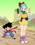  1boy 1girl absurdres age_difference ankle_boots aqua_hair bare_legs belt black_eyes black_footwear black_hair blue_eyes boots braid braided_ponytail brown_belt brown_gloves bulma character_name child closed_mouth clothes_writing day dot_nose dougi dragon_ball dragon_ball_(classic) dress fanny_pack fighting_stance fingernails full_body gloves green_scarf green_sky gun hair_ribbon hair_strand handgun hands_up height_difference highres holding holding_weapon holster holstered_weapon horizon legs_together looking_at_another looking_back looking_down loose_socks messy_hair monkey_tail mountain nature nyoibo obi outdoors pink_footwear pistol purple_legwear raised_eyebrow red_ribbon red_wristband ribbon rokoido12 rope sash scarf serious shiny shiny_hair shoes short_dress short_sleeves single_glove sky socks son_goku spiked_hair standing striped striped_dress tail vertical-striped_dress vertical_stripes watch weapon white_sash wristband wristwatch yellow_dress 