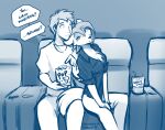  2022 anthro beverage blep blue_and_white breasts canid canine canis cassidy_(twokinds) chair chest_tuft cleavage clothed clothing conditional_dnp confusion dialogue duo english_text female flirting food furniture hi_res holding_food holding_object human inside keidran male mammal monochrome movie_theater popcorn sitting sketch smile soda soda_cup text tom_fischbach tongue tongue_out tuft twokinds webcomic wolf 