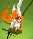  &gt;:3 amber_eyes anthro black_markings breasts canid canine detailed_background ear_tuft female fire flaming_hair flaming_tail fox fur hand_on_hip hi_res looking_at_viewer mammal markings melee_weapon multicolored_body multicolored_fur neck_tuft nude orange_body orange_fur pseudo_hair ranara smile solo sword tuft two_tone_body two_tone_fur weapon white_body white_fur zweihander 