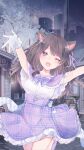  1girl animal_ears bangs blush bow breasts brown_hair capelet cat_ears cat_girl city commission eyebrows_visible_through_hair gloves high-waist_skirt highres indie_virtual_youtuber kinosada looking_at_viewer love_and_producer medium_breasts one_eye_closed open_hands outstretched_arms plaid plaid_skirt purple_bow purple_capelet purple_eyes purple_skirt second-party_source shimotsuki_miri skeb_commission skirt solo tree virtual_youtuber white_gloves 