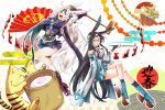  &gt;o&lt; 2girls animal_ears aqua_eyes aqua_skirt arms_up azur_lane bare_shoulders black_hair breasts burning chrysanthemum cleavage flower folding_fan full_body hammer hand_fan hiryuu_(azur_lane) holding holding_hammer holding_pipe jacket long_hair medium_breasts metal_belt microskirt miniskirt multiple_girls pipe purple_jacket purple_skirt rabbit_ears retrofit_(azur_lane) rudder_footwear sitting skirt socks souryuu_(azur_lane) tasunefu1570431 toeless_footwear toeless_legwear very_long_hair white_background white_hair white_legwear 