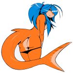  anthro bikini bikini_bottom blue_eyes blue_hair breasts butt clothed clothing digital_drawing_(artwork) digital_media_(artwork) eyebrows female fish hair hi_res looking_at_viewer marine natasha_(pk) non-mammal_breasts nude orange_body pk_artist presenting presenting_hindquarters shark simple_background smile smiling_at_viewer solo standing swimwear teeth white_background 