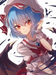  1girl ascot bangs bat_wings blue_hair closed_mouth eyebrows_visible_through_hair hair_between_eyes hat hat_ribbon highres katsukare looking_at_viewer mob_cap red_ascot red_eyes red_ribbon remilia_scarlet ribbon short_hair short_sleeves simple_background smile solo touhou upper_body white_background white_headwear wings wrist_cuffs 