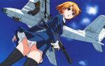  1girl absurdres agent_aika aika_(series) aircraft airplane ass black_delmo black_legwear blonde_hair blue_dress blue_sky brown_eyes cloud crotch_seam day dress gun highres holding holding_gun holding_weapon long_sleeves looking_at_viewer looking_back misaki_(agent_aika) neck_ribbon official_art open_mouth outdoors panties ribbon short_hair sky solo standing thighhighs underwear weapon white_panties wind wind_lift yamauchi_noriyasu 