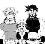  1girl 2boys ^_^ bandana battle_tendency broad_shoulders caesar_anthonio_zeppeli closed_eyes crop_top earrings facial_mark feather_hair_ornament feathers greyscale hair_ornament headband height_difference jewelry jojo_no_kimyou_na_bouken joseph_joestar joseph_joestar_(young) kozakura_(i_s_15) mask midriff monochrome multiple_boys petite size_difference suzi_q toned toned_male triangle_print 