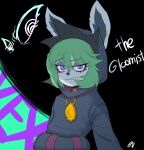  1girl bangs black_background black_hoodie character_name clenched_teeth colored_skin eyebrows_visible_through_hair gj_gwaeji green_background green_eyes green_hair grey_skin hair_between_eyes half-closed_eye highres hood hood_up hoodie league_of_legends long_sleeves looking_at_viewer pink_eyes short_hair solo teeth vex_(league_of_legends) yordle 