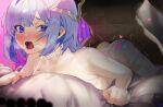  1boy 1girl ^^^ absurdres alternate_eye_color amane_kanata bangs blue_hair blush commentary_request condom eyebrows_visible_through_hair halo heart heavy_breathing hetero highres hololive leotard lying male_pubic_hair multicolored_hair nose_blush nude on_bed on_stomach open_mouth prone_bone pubic_hair purple_hair saliva sex sex_from_behind so_dasui1 star_halo stray_pubic_hair tearing_up teeth thighhighs trembling upper_teeth used_condom virtual_youtuber white_legwear white_leotard 