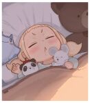  1girl :&lt; blanket blonde_hair blush child closed_eyes commentary_request drooling kozato_(yu_kozato) little_blonde_girl_(kozato) long_sleeves low_twintails original sleeping solo stuffed_animal stuffed_panda stuffed_toy teddy_bear twintails 