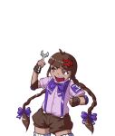  1girl ahoge anger_vein bangs blunt_bangs bow bowtie braid brown_hair brown_shorts collared_shirt commentary_request cowboy_shot david_hrusa hair_bow long_hair open_mouth pink_shirt purple_bow purple_bowtie purple_eyes rika_(touhou) shirt shorts simple_background suspenders teeth too_many tools touhou touhou_(pc-98) twin_braids upper_teeth white_background wrench 