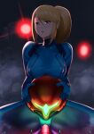  1girl bangs blonde_hair blue_bodysuit blue_eyes blush bodysuit breasts claws commentary covered_nipples crotch_seam dark dark_background e.m.m.i._(metroid) eyebrows_visible_through_hair glowing glowing_eye glowing_headgear hair_between_eyes headwear_removed helmet helmet_removed highres holding holding_helmet lips lipstick long_hair looking_back makeup medium_breasts metroid metroid_dread mole mole_under_mouth nervous parted_lips ponytail red_lips robot samus_aran sawasa sex_machine shade sidelocks signature skin_tight solo_focus spread_legs sweatdrop swept_bangs thick_thighs thighs zero_suit 