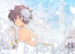  1boy 1girl axseraserasera bangs blush brown_hair character_name choker closed_mouth crying crying_with_eyes_open day dress earrings elbow_gloves eyebrows_visible_through_hair fang fang_out flower gloves grey_eyes hair_between_eyes hair_flower hair_ornament hair_ribbon jewelry meitantei_conan outdoors petals ribbon sera_masumi short_hair shoulder_blades smile solo_focus strapless strapless_dress tears twitter_username veil wedding_dress white_choker white_dress white_flower white_gloves white_ribbon 