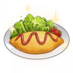  artist_request cherry_tomato commentary english_commentary food food_focus genshin_impact ketchup lettuce lowres no_humans official_art omurice plate sparkle still_life third-party_source tomato transparent_background 