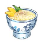  artist_request bowl commentary dessert english_commentary floral_print food food_focus garnish genshin_impact leaf lowres mango mint no_humans official_art rice rice_pudding still_life third-party_source transparent_background 