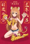  1girl 2022 absurdres aisaka_taiga animal_ear_fluff animal_ears animal_hands animal_print armband armpits asymmetrical_legwear bangs bare_shoulders bow bowtie brown_eyes chinese_commentary chinese_new_year chinese_text chinese_zodiac claws cloud_print commentary cutoffs denim denim_shorts elbow_gloves fang flat_chest frown gloves hair_between_eyes hands_up highres kneeling light_brown_hair long_hair looking_at_viewer lowleg lowleg_panties lowleg_shorts midriff moetora navel neck_ribbon new_year open_fly orange_panties palmtop_tiger panties panty_peek paw_gloves purple_bow red_background ribbon short_shorts shorts single_elbow_glove single_thighhigh skin_fang solo tail thighhigh_bow thighhighs tiger_ears tiger_print tiger_tail toradora! translated unbuttoned underwear v-shaped_eyebrows very_long_hair w_arms year_of_the_tiger 