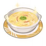  artist_request bowl commentary english_commentary food food_focus garnish genshin_impact lowres no_humans noodles official_art plate sparkle still_life third-party_source transparent_background 