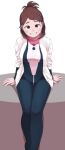  1girl absurdres arm_support blue_bodysuit blush_stickers bodysuit boku_no_hero_academia breasts brown_eyes brown_hair grin highres jacket looking_at_viewer medium_breasts pink_bodysuit ponytail short_hair sidelocks simple_background sitting smile solo superhero teeth tongu_11 uraraka_ochako white_background white_jacket 