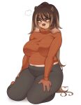  2021 5_fingers anthro artist_name big_breasts blush bodily_fluids bottomwear bovid bovine breasts brown_body brown_fur brown_hair caramel_(cherrikissu) cattle cherrikissu clothed clothing eyebrow_through_hair eyebrows facial_piercing female fingers floppy_ears fur hair hands_on_thighs hi_res high_waisted_bottomwear horn kneeling lips long_ears long_hair looking_at_viewer mammal nose_piercing nose_ring pants piercing septum_piercing simple_background slightly_chubby solo sweater thick_thighs topwear translucent translucent_hair white_background yellow_eyes 
