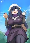  1girl @_@ akari_(pokemon) akari_(pokemon)_(cosplay) alternate_breast_size bangs black_hair black_legwear black_shirt blue_eyes blush breasts brown_bag cloud commentary_request cosplay day from_below hair_between_eyes hands_up head_scarf hex_maniac_(pokemon) highres holding holding_jar jacket jar john_(a2556349) long_hair looking_at_viewer looking_down mountain open_mouth outdoors pantyhose pokemon pokemon_(game) pokemon_legends:_arceus pokemon_xy purple_jacket purple_scarf purple_skirt sash scarf shirt signature skirt sky smile solo spread_fingers white_headwear 