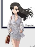  1girl artist_name asymmetrical_bangs bag bangs breasts brown_eyes brown_hair bukkuri carrying casual character_name cleavage commentary_request cowboy_shot cursive dated dress english_text girls_und_panzer handbag light_smile long_hair looking_at_viewer medium_breasts nishi_kinuyo revision signature sketch solo standing unbuttoned white_dress wind 