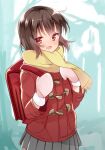  1girl :d adjusting_strap aqua_background backpack bad_id bad_pixiv_id bag bangs blush boku_dake_ga_inai_machi brown_hair coat cowboy_shot duffel_coat grey_skirt hair_between_eyes hair_strand hamaji_(hayamichi1117) highres hinazuki_kayo holding_strap looking_at_viewer messy_hair open_mouth pink_mittens pleated_skirt randoseru red_bag red_coat red_eyes scarf short_hair skirt smile solo toggles yellow_scarf 